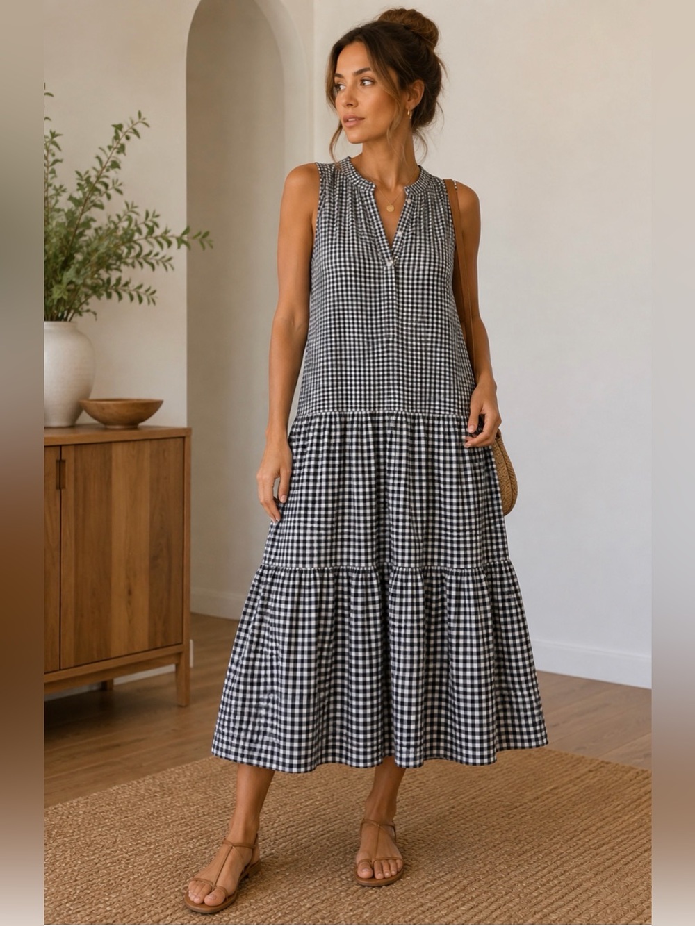 Sleeveless Black & White Gingham Tiered Maxi Dress